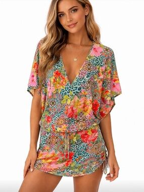 Luli Fama Cabana V-Neck Dress Swimsuit Cover-Up Floral Tropical Size Small
